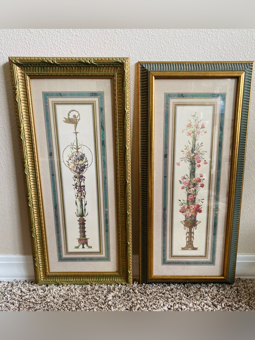 Vintage Neoclassical Botanical Art Prints Pair Framed Ornate Gilt Green Set of 2